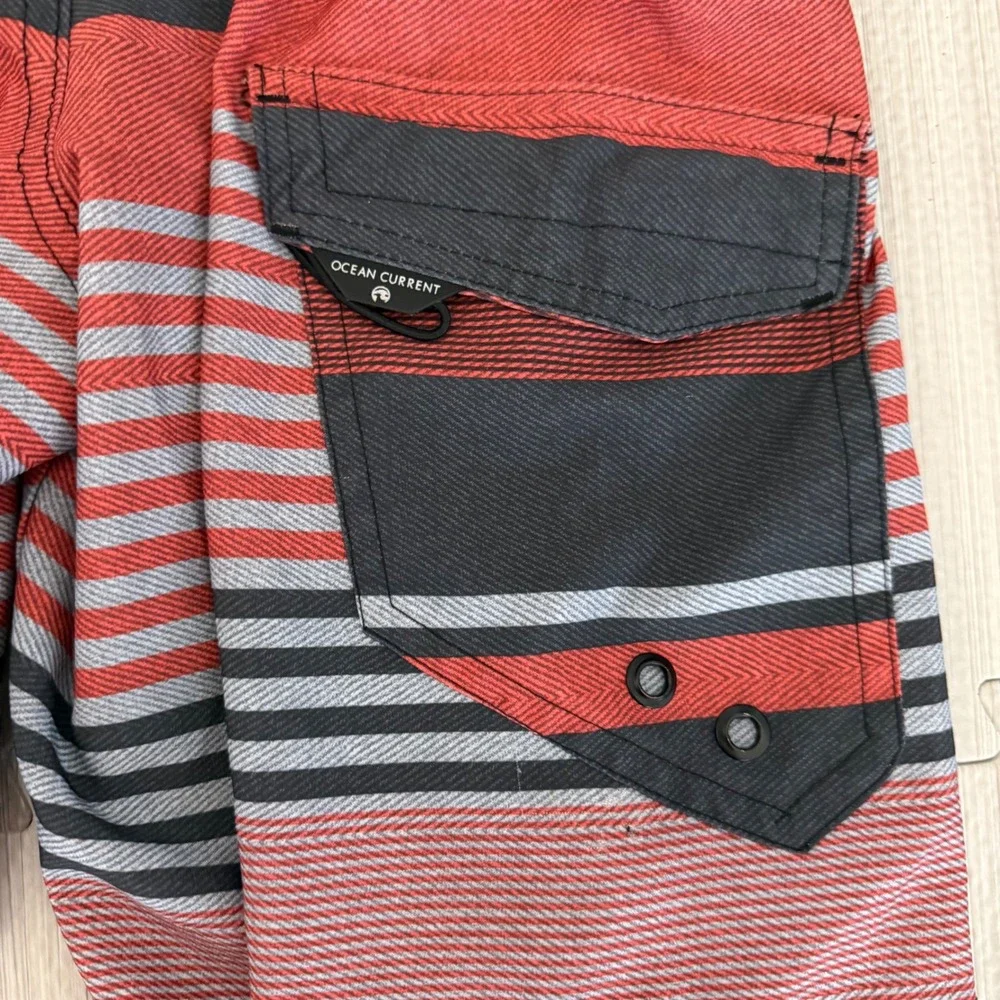 Ocean Current Board Shorts Mens 34 Red Black Striped Stretch Cargo Pocket Surf